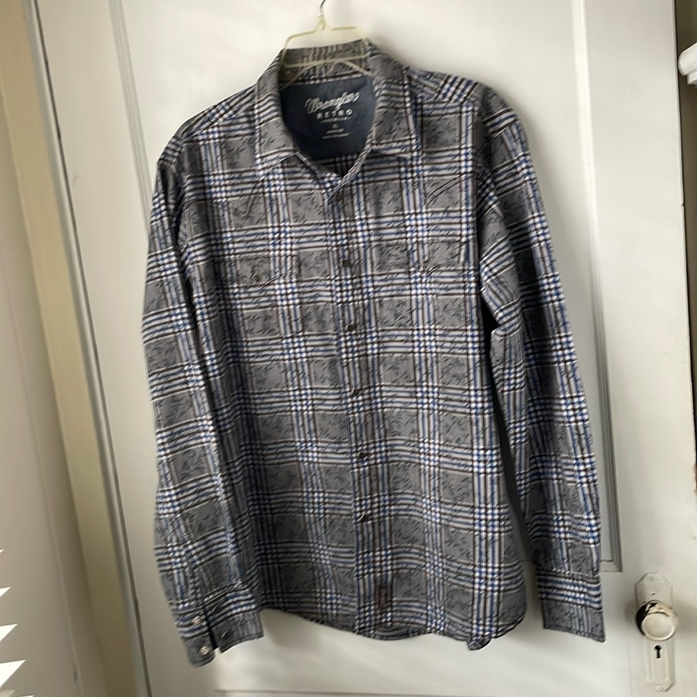 WRANGLER RETO PREMIUM Western Shirt Men’s XL Pearl Snaps Grey Black Blue Plaid